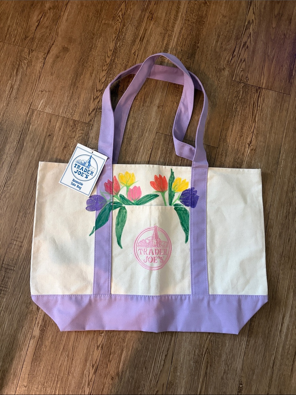Trader Joe’s Large Tote with Lavender Trim and Tulip Motif Art by:@sails66